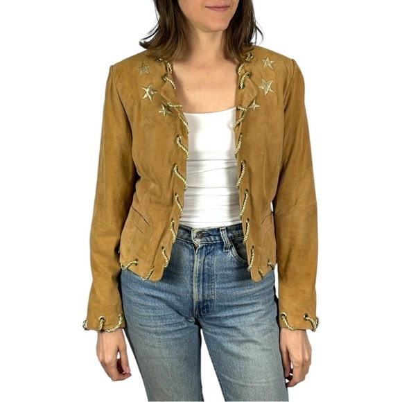 VINTAGE APART GOAT SUEDE LEATHER SATIN STAR GOLD TRIMMED PATRIOTIC BAND JACKET - Picture 1 of 13